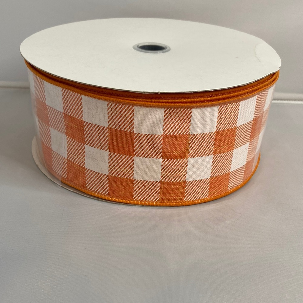Orange & White Buffalo Check 50 yards Wired Ribbon